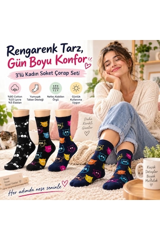 Çorap Giyim Unisex Kedi Desenli Çorap 6'lı Set Pamuklu Renkli Uzun Soket Dikişsiz Nefes Alan Rahat Günlük Çorap Çok Renkli