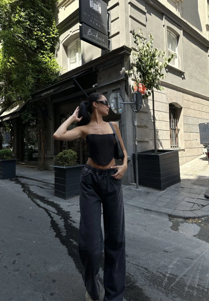 Sidelya Concept Arkadan Yırtmaçlı Jeans Kot Palazzo Pantolon - Siyah Siyah