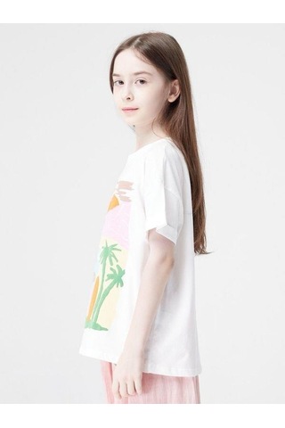 Kız Çocuk Pamuklu Hawai Baskılı Yuvarlak Yaka Yarım Kol Tshirt-14023 Ekru Pmb