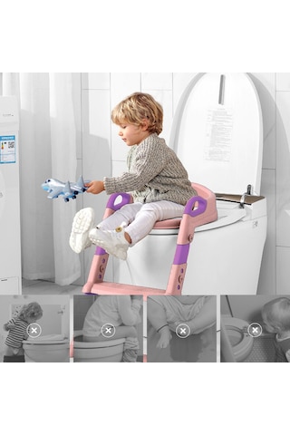 Dekohop Çocuk Merdivenli Klozet Adaptörü Yükseklik Ayarlı Pratik Pembe