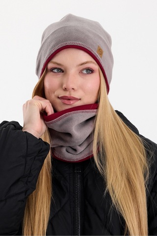 Butikgiz Kadın Dış Kısım Polar, İç Kısım Kaşkorse Pamuklu, Çift Renk, Çift Kat, Katlanabilir Bere Boyunluk Set Gri-bordo