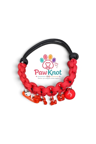 Pawknot Kişiye Özel İsimli Paracord Kedi Ve Köpek Tasması - Kırmızı / Sevimli Figürlü & Çanlı Kırmızı - Siyah