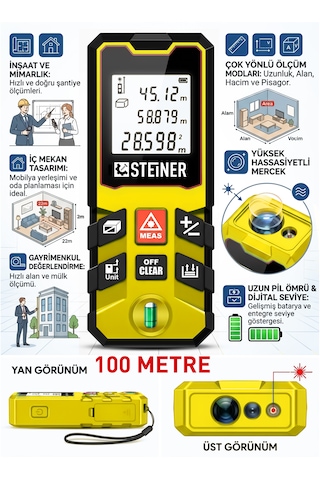 Steiner 100 Metre Su Terazili Uzunluk Alan Hacim Pisagor Ölçüm Cihazı Dijital Mesafe Ölçer Lazer Metre Sarı