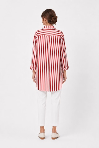 Neden Tekstil Uzun Kollu Kırmızı Beyaz Çizgili Kadın Overshirt Gömlek