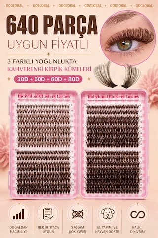 640 Parça Doğal Kahverengi Küme Kirpik 30d 50d 60d 80d D Curl Evde Takma Kirpik Seti 9-16 Mm