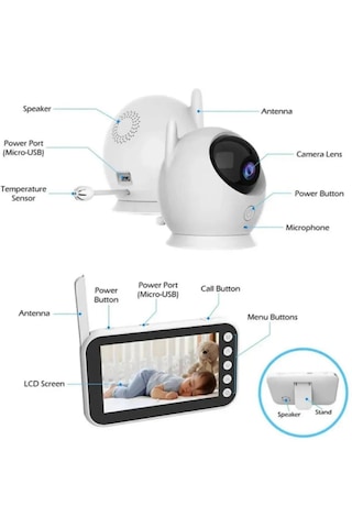 Crow's Tech Ct-lcd Ekranlı Gece Görüşlü Bebek Monitörü - Bebek Izleme Kamerası Oda Sıcaklığı Kontrollü Kablosuz Beyaz