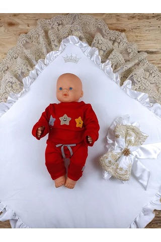 Sahra Taç Nakışlı İnci Ve Dantel Fiyonklu Çift Dantel Duvaklı Trilüks Kundak Bebek Battaniyesi Gold Çok Renkli