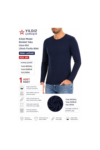 Yıldız Çamaşır Erkek Modal Bisiklet Yaka Uzun Kol Likralı Fanila Atlet 385-386-387 - 1 Adet Lacivert
