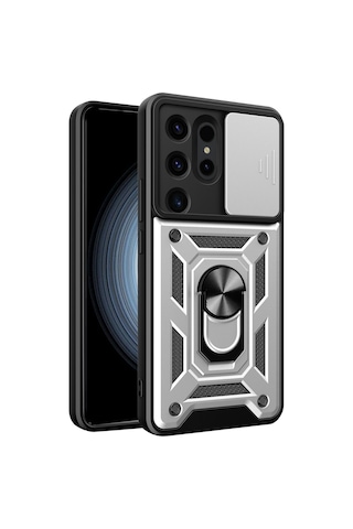 Samsung Galaxy Uyumlu S24 Ultra Kılıf Pars Lens Sürgülü Yüzüklü Standlı Korumalı Kılıf