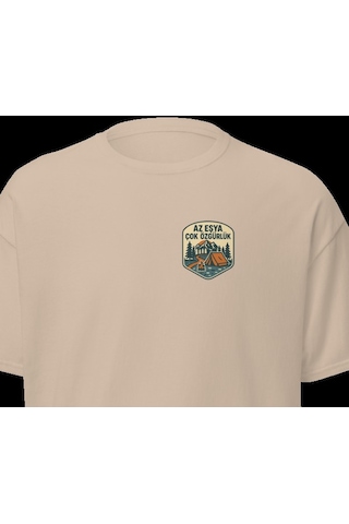 Wildstyle Az Eşya Çok Özgürlük Renkli Kamp Doğa Minimalist Baskılı Unisex Bisiklet Yaka Pamuklu Tişört Camel
