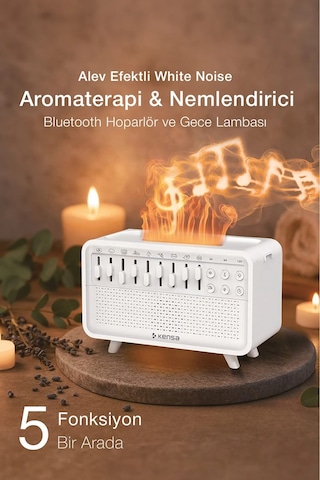 Alev Efektli White Noise Aromaterapi Hava Nemlendirici Bluetooth Hoparlörlü 200 Ml Difüzör