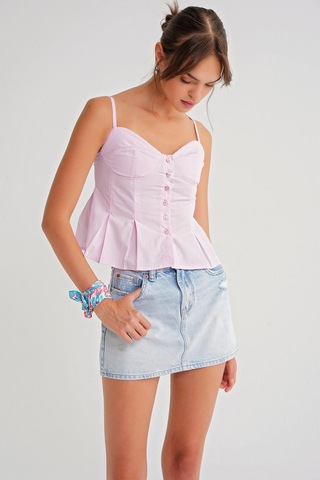 4737 Kadın Düğmeli Kuplu Pileli Bluz Pembe Pembe