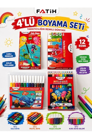 Fatih 4 Lü Boyama Seti 12 Li Sulu Boya Pastel Boya Keçeli Kalem Kuru Boya Çok Renkli