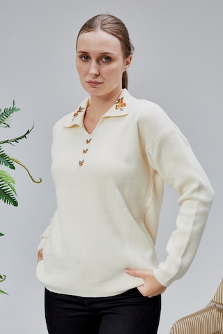Lugmo Kadın Polo Yaka Oversize Çiçek Nakışlı Triko Kazak Ekru Ekru