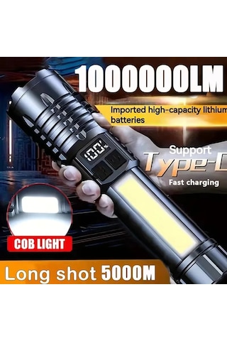 Yüksek Güçlü Led El Feneri Güçlü Type-c Şarj Edilebilir Cob El Siyah