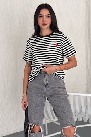 Noa & Noa Kadın Kalp Detaylı Çizgili T-shirt Heartline Beyaz