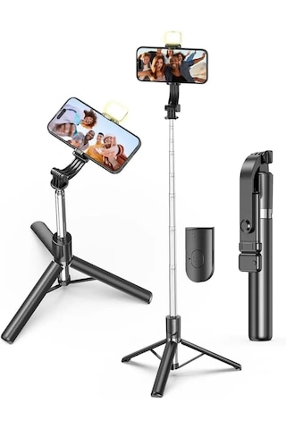 Genz Bilişim Kumandalı Işıklı Ayaklı Tripod Ve Selfie Çubuğu Ve Telefon Tutucu 30cm Ila 170cm Max Siyah