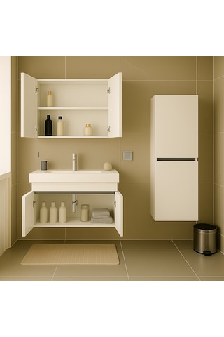 Arista 80 Cm Beyaz Mdf, Seramik Lavabolu, Alt - Üst Ve Boy Dolap Beyaz