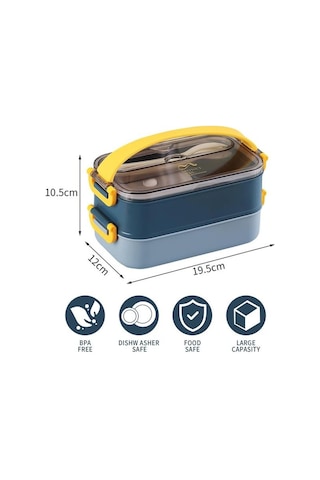 Vagonlife Bento 1500ml 2 Katlı 3 Bölmeli Paslanmaz Çelik Yemek Kutusu Mavi Beyaz