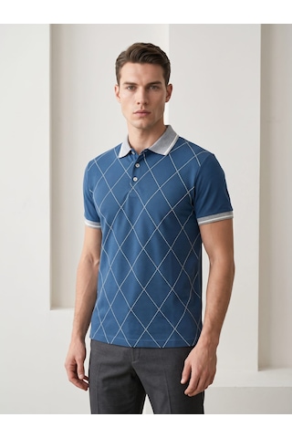 Giyim Dünyası Erkek Baklava Desenli Polo Yaka Tshirt Petrol Mavi