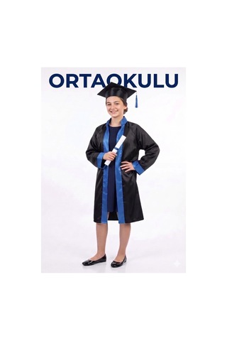 Nacar Store Çocuk Ortaokul Unisex Şeritli Siyah Mezuniyet Cübbesi Ve Kep Takımı Mavi