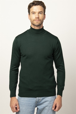 Tudors Slim Fit Dar Kesim Tam Boğazlı Yaka Düz Yün Erkek Kazak-25723 Yeşil
