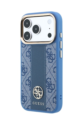 Apple iPhone Uyumlu 18 Pro Max Kılıf Guess Lisanslı M-safeli Deri 4g Desenli Şeritli Yazı Logolu Kapak Mavi