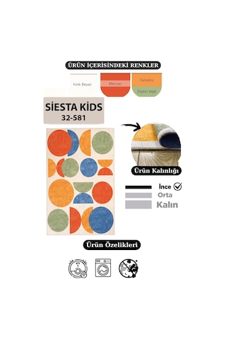 Çam Halı Siesta Kids 32-581 Modern Desenli Dokuma Tabanlı Yıkanabilir Şönil Çocuk Odası Halısı Multi