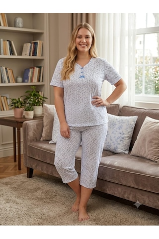 Büyük Beden Kısa Kol Kapri Pamuklu Likralı Pijama Takımı 8642 Turkuaz