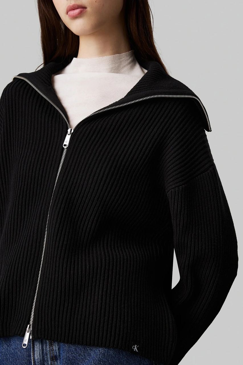 Calvin Klein Chunky Women's Cardigan Kadın Bol Kesim Fermuarlı Devrik Yaka Sweatshirt Siyah Siyah