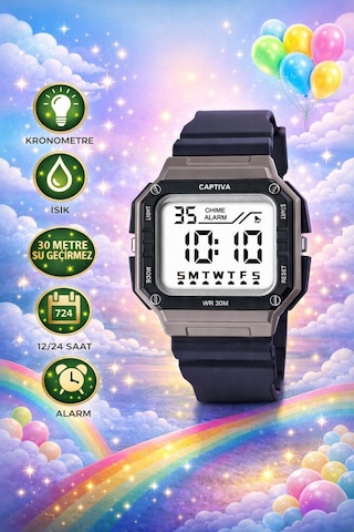 Captiva Digital 3 Atm Suya Dayanıklı Işık+alarm+kronometre+takvimli Çoçuk Kol Saati Cp.yn.26.m2 Beyaz