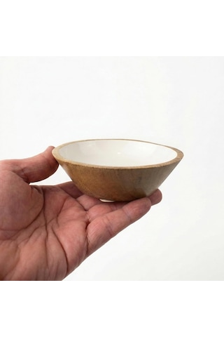 Deconox Mango Ağacı Kase - İçi Krem Emaye Enamel Kaplama 13 Cm Dekoratif Ahşap Sunum Kasesi - Leke Tutmaz Sosluk,
