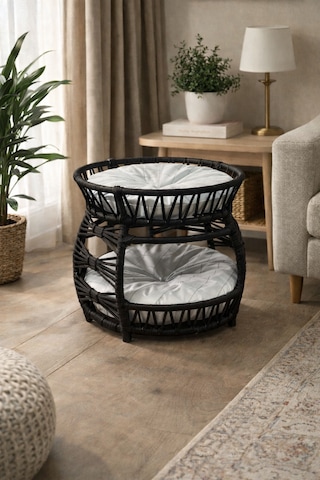 Galaxy Çift Katlı Kedi Yatağı Modern Rattan Tasarım, Yumuşak Minderli, İç Mekan Kedi Evi