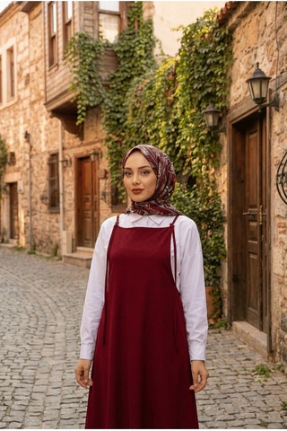 Unika Boutique Tesettür Askılı Jile Elbise Dokuma Bordo