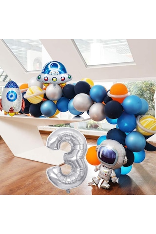Uzay Temalı Doğum Günü Seti 3 Yaş ; 4 Adet Folyo Balon, 60 Adet Lateks Balon, Banner, Balon Zinciri ve Balon Bandı