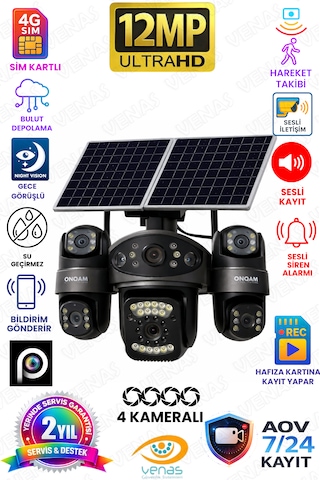 4 Kameralı Çift Solar Panelli Sim Kartlı Gece Görüşlü Aov Güvenlik Kamerası