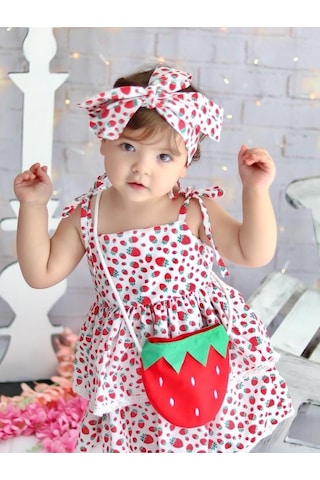 Mnk Baby & Kids Mnk Çantalı Çilek Elbise Kırmızı