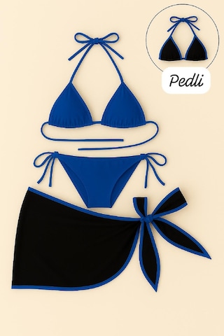 Uluvora Kadın Mavi Pareolu Yandan Ve Boyundan Bağlamalı 3& 039 Lü Bikini Takımı - Hs08379720-6677 Mavi Mavi