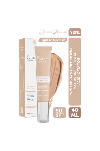 The Purest Solutions Yağlı ve Karma Ciltler İçin Matlaştırıcı BB Krem, SPF 50 + 40 ml – Açık / Orta Ton