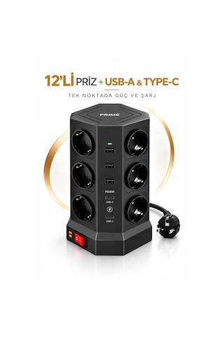 12 Li Priz Çoklu Akım Korumalı Uzatma Kulesi 3 Usb-a 2 Usb-c Pd20w 3680w 2 Metre 0 - 2 M