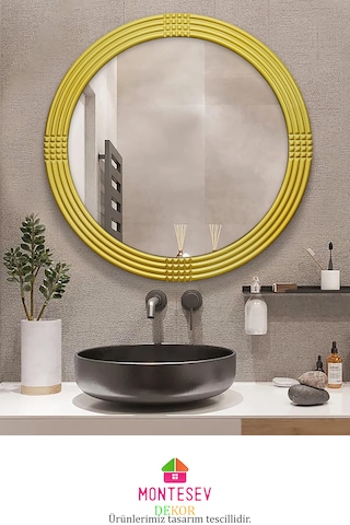 Safir Ahşap Gold Yuvarlak Ayna Işlemeli Duvar Banyo Aynası 43 Cm Gold
