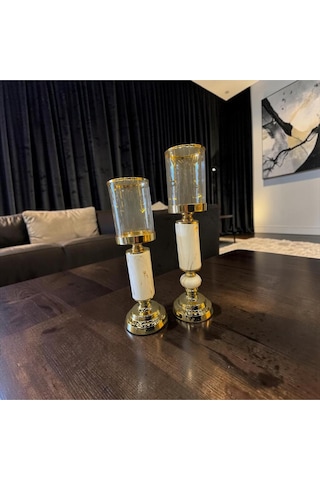 Premium Gold & Mermer Şamdan İkili Set Altın