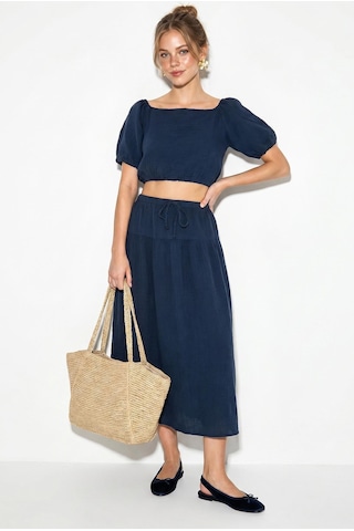Shade Kadın Balon Kollu Crop Bluz Bağlama Detaylı Pamuklu Müslin Etek Takım Yc2728 60286287 - Lacivert