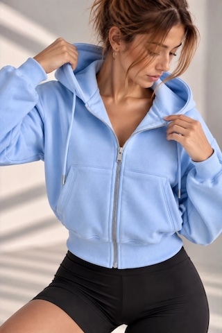 Bb Butik Basic Kapüşonlu Fermuarlı Kısa Kadın Sweatshirt Günlük Basic Model My3535 Bebe Mavi
