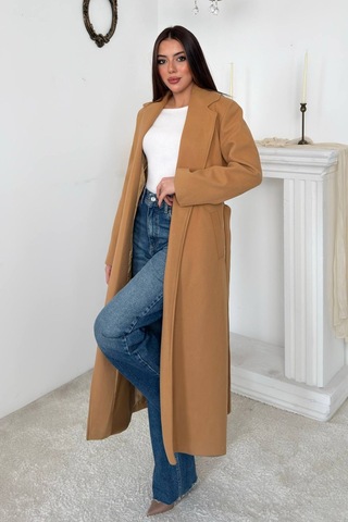 Alemdarshop Camel Kuşaklı Midi Kaban