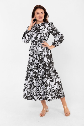 Yaprak Desenli Renkli Pamuklu Yazlık Baharlık Kuşaklı Elbise 2101 Siyah