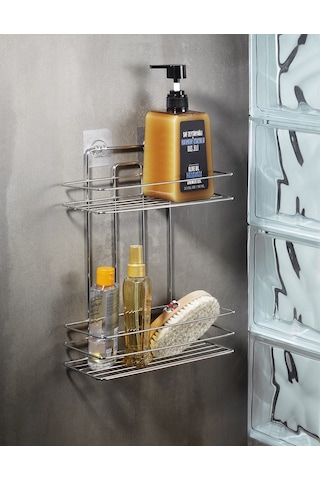 2 Katlı Parlak Krom Yapışkanlı Banyo Rafı, Duş, Şampuanlık Düzenleyici, Paslanmaz Metal (Vidala/Yapıştır) - TŞ-02