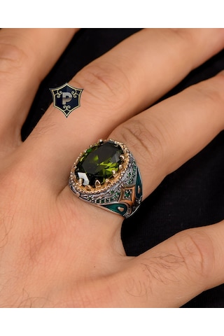 925 Ayar Gümüş Erkek Yüzüğü Peridot Taşlı Zirkon Taş Süslemeli