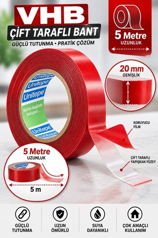 Çift Taraflı Bant 20 Mm X 5 Metre Güçlü Tutunma, Çok Amaçlı Montaj Ve Sabitleme Bandı