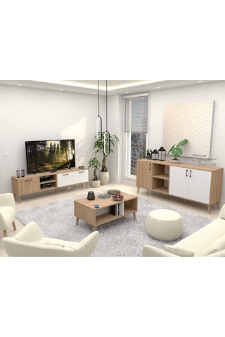 Set 1585-2074-1624 Exxen Ahşap Ayaklı Tv Ünitesi - Orta Sehpa - Konsol Seti Sepet - Beyaz